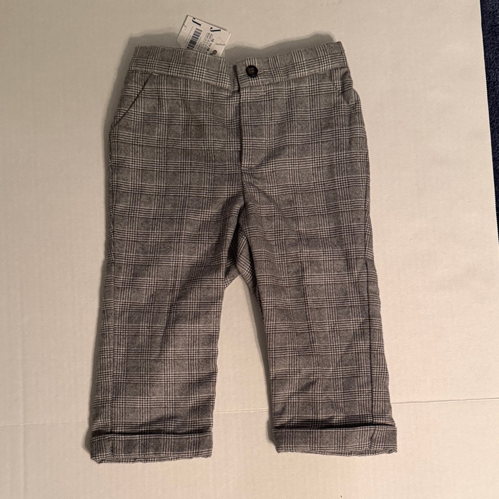NWT Boys 12-18m Janie and Jack Grey Classic Cuffed Checkered Trousers Lined